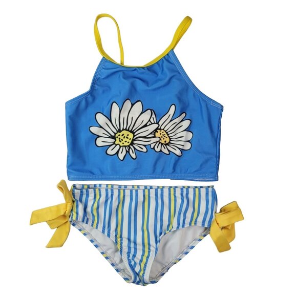 2/$15 Sunshine Swing Girls 2 Piece Swimsuit Blue Size 10 Adj Bows Daisy Stripe - Picture 1 of 16